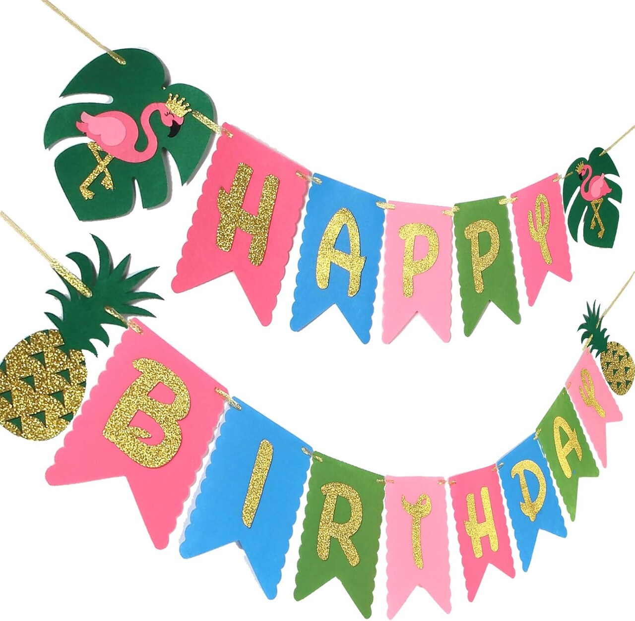 Hawaiian Birthday Party Decoration for Luau Summer Pool Glitter Gold Birthday Banner for Aloha Party Coconut Palm and Beach Happy Birthday Banner Photography Props